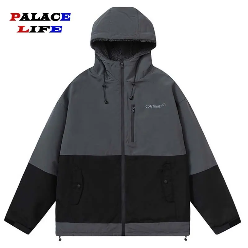 

Men Hooded Jacket Zipper Up Streetwear Color Block Patchwork Harajuku Jacket Parka Fleece Inside 2022 Winter Windbreaker Ourwear