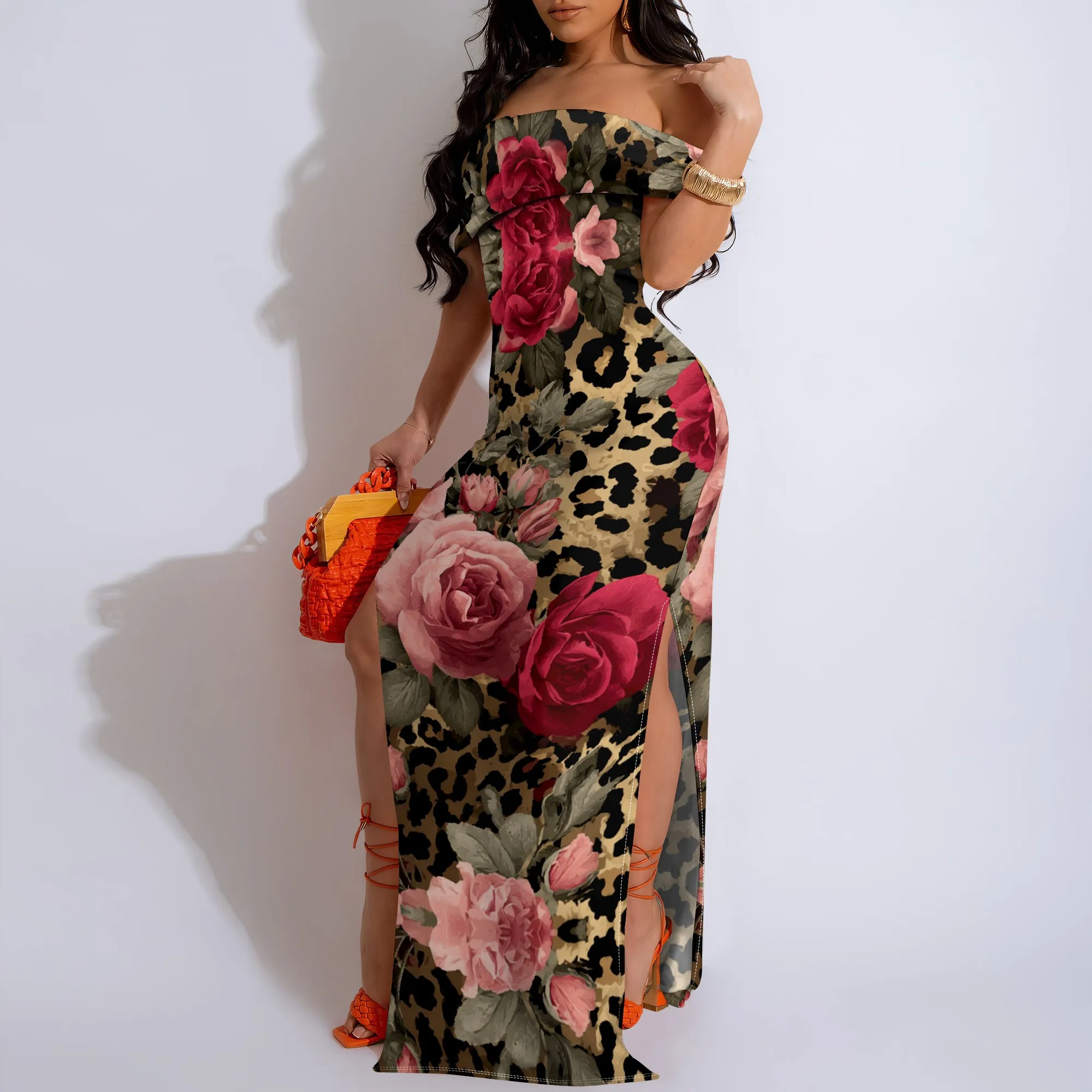 

Women's Floral Leopard Print Maxi Dress Sexy Off Shoulder High Slit Party Dress for Night Out & Dating XS-3XL