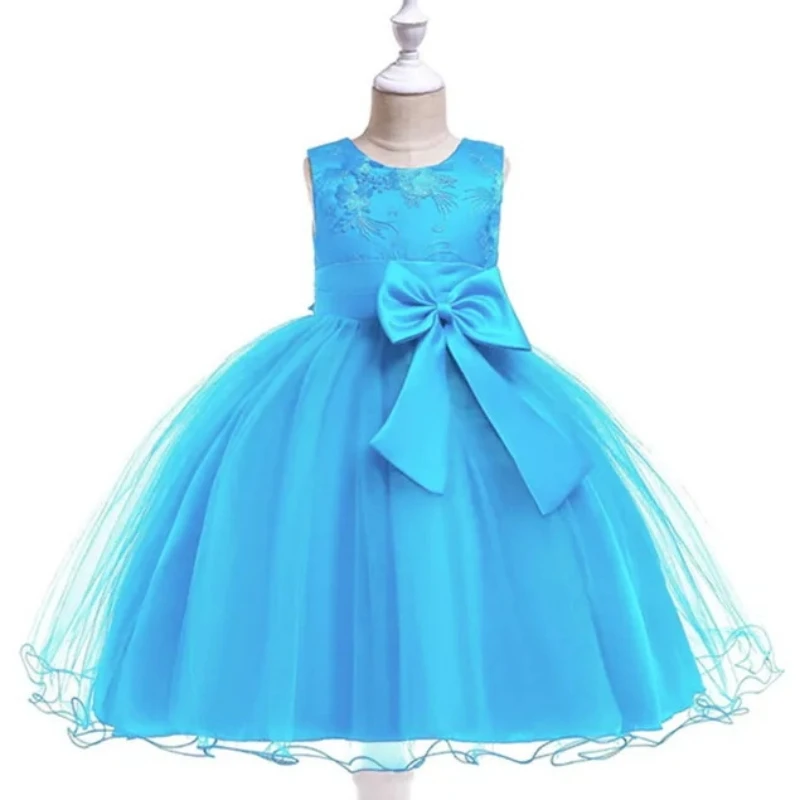 Girl Dress Flower Embroidered Bow Princess Dress Children Lace Mesh Tutu Wedding Christmas Birthday Party Dress Girl Dress