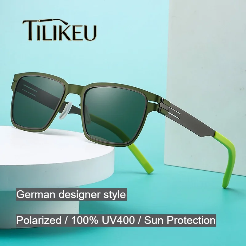 German Large Frame Polarized Sunglasses Men Ultra-light Steel Square Driving Shades UV400 Luxury Classic Screwless Sunglasses