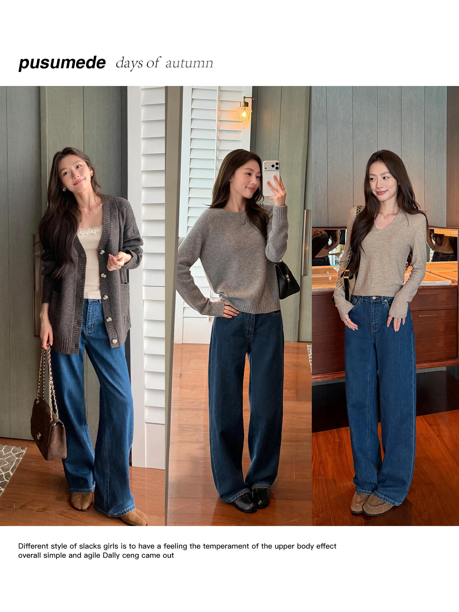 Pusumede Vintage Deep Blue Straight Leg Jeans Women's Loose Casual Long Trousers Comfortable Cotton Stretch Natural Waist