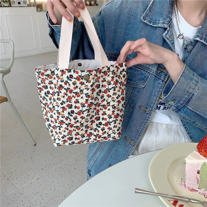 Women\'s With Buckle Handheld Food Bag Corduroy Commuter Handheld Lunch Bag Student Literary Picnic Travel Bento Box Handbag