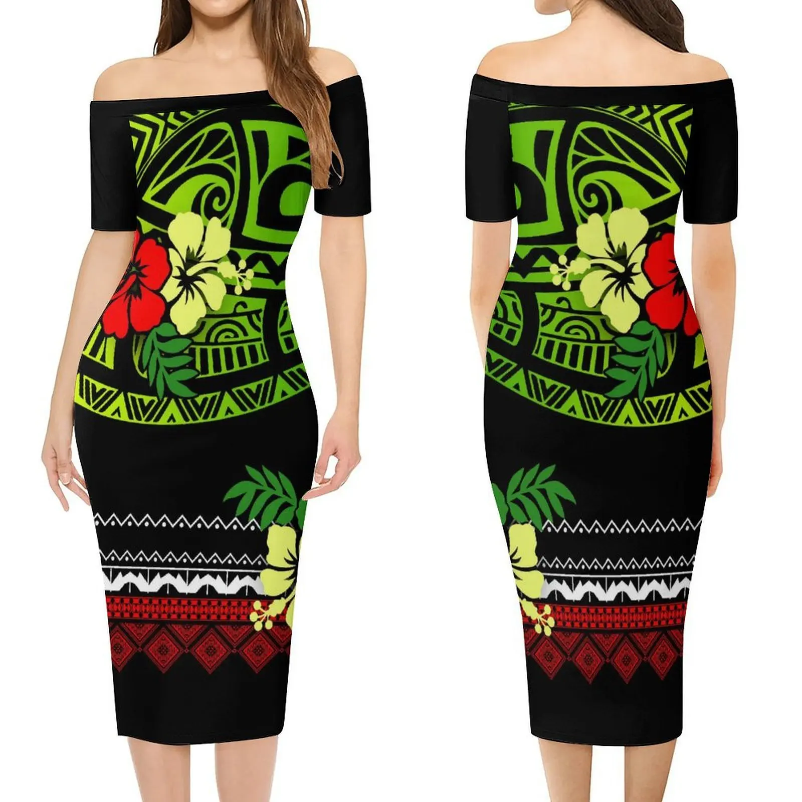 사모아 히비스커스 꽃이 있는 맞춤 디자인 여성 드레스 패턴 태평양 섬 폴리네시아 슬림핏 원숄더 드레스