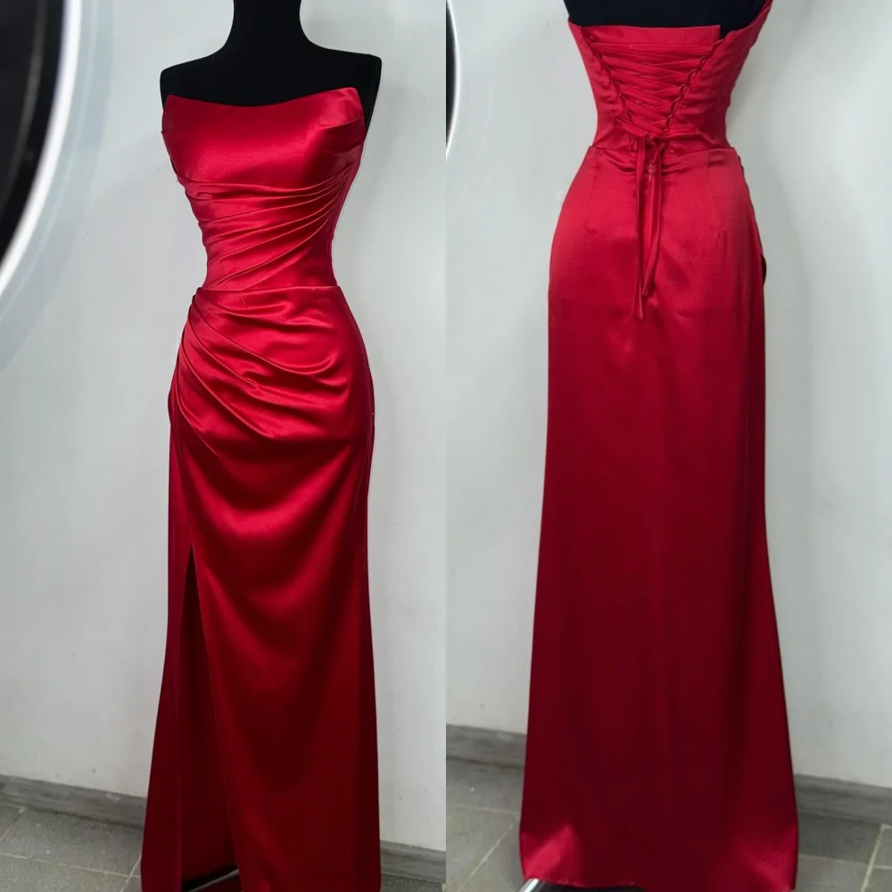 

Customized High Quality Satin Sleeveless Evening Dress Sparkly Strapless Prom Dresses Fashion Burgundy Bespoke Occasion Gowns