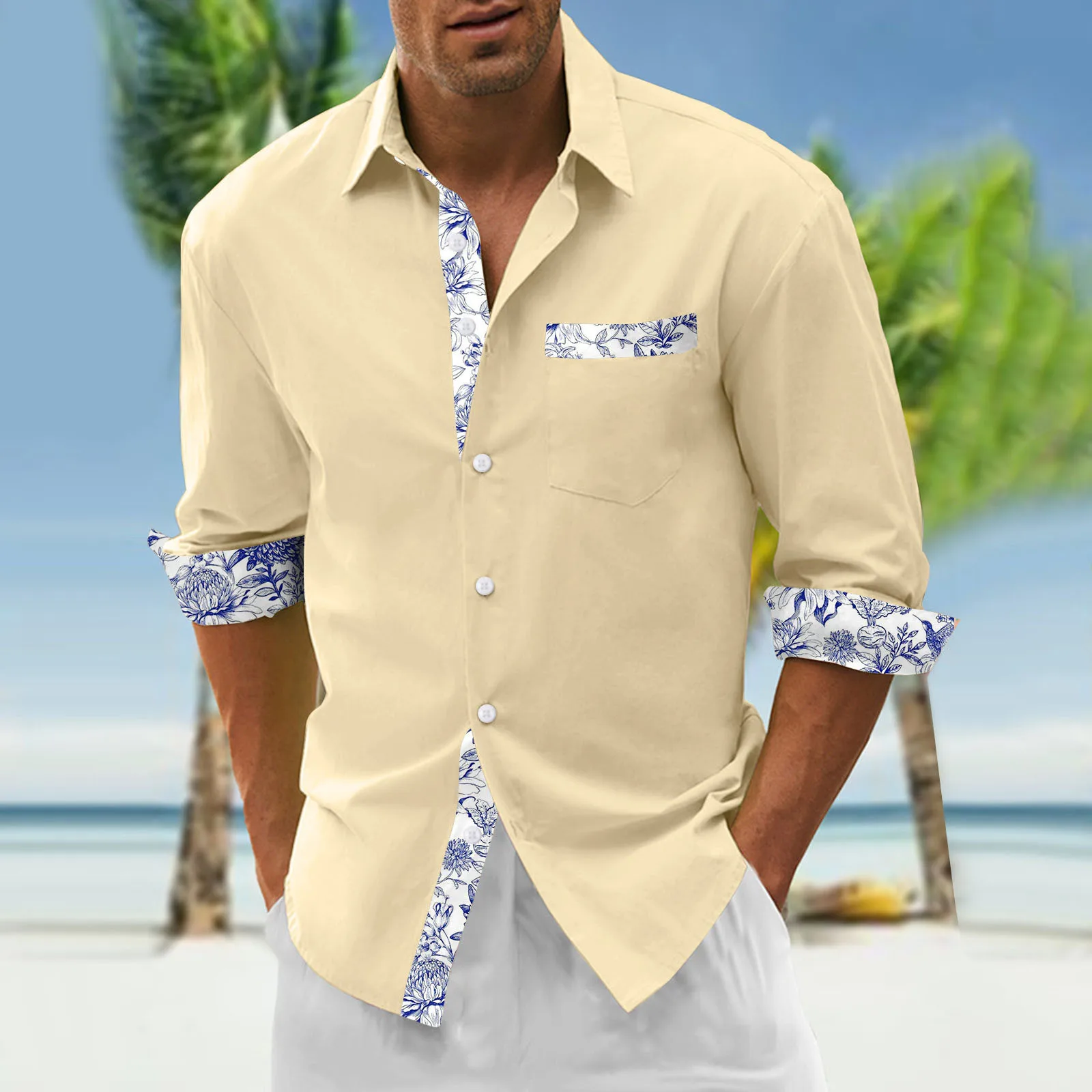 Mens Color Matching Digital 3D Printing Style Printing Holiday Seaside Beachwear Party Social dress shirt 3D Print Camisa