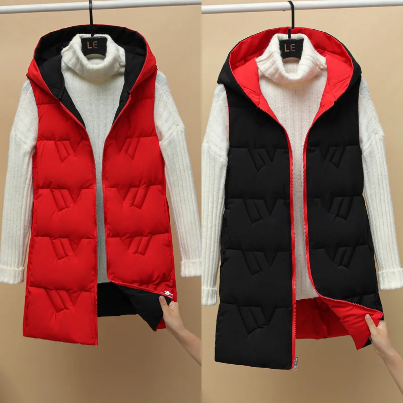 2022 New Double-sided Vest Women\'s Winter Hooded Vest Korean Version Autumn and Winter Down Cotton Vest Thickened Coat