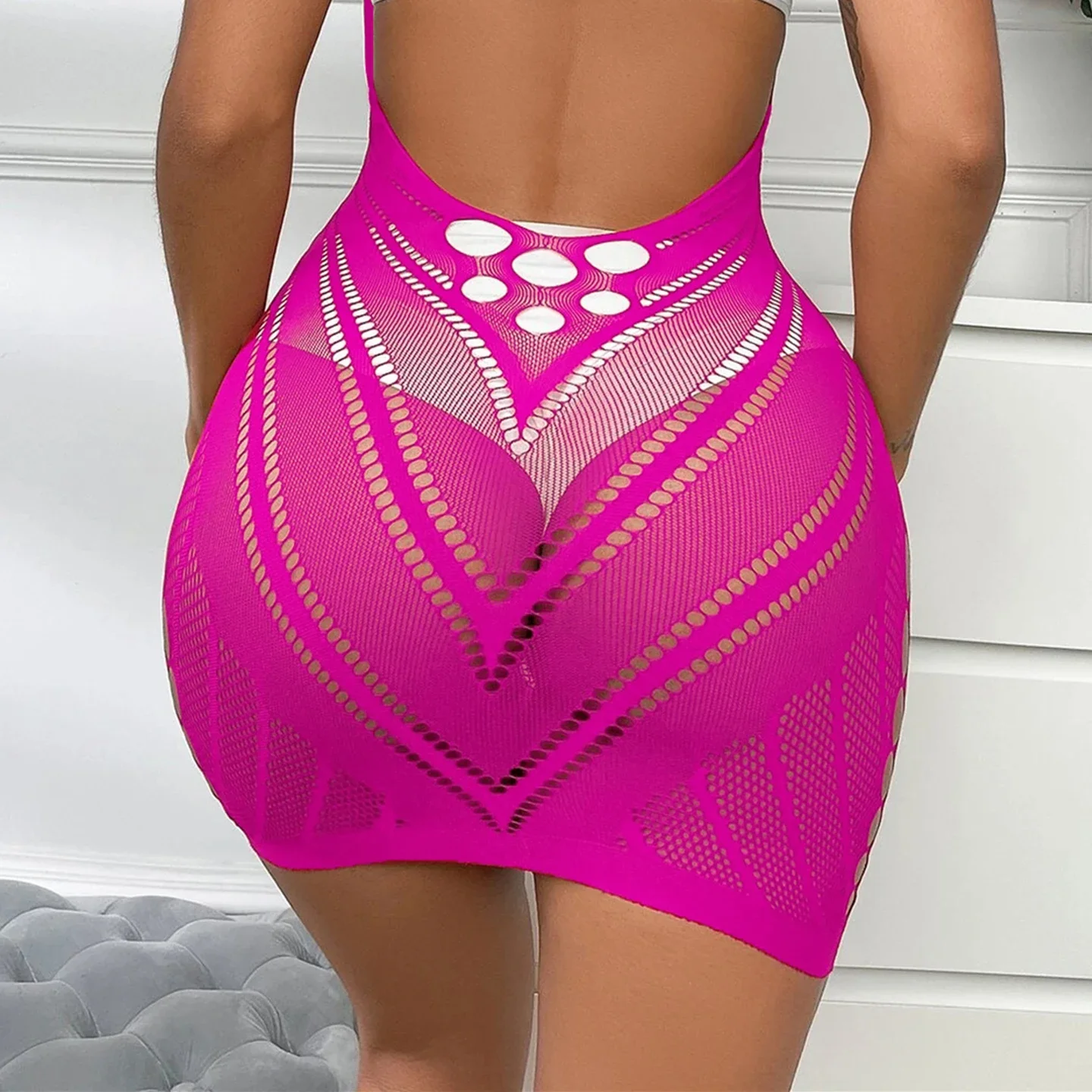 ห่อก้นตาข่าย Patchwork ชุดมินิผู้หญิง Halter คอต่ําแขนกุดสาวร้อนอเนกประสงค์สไตล์แฟชั่น Elegant ชุด