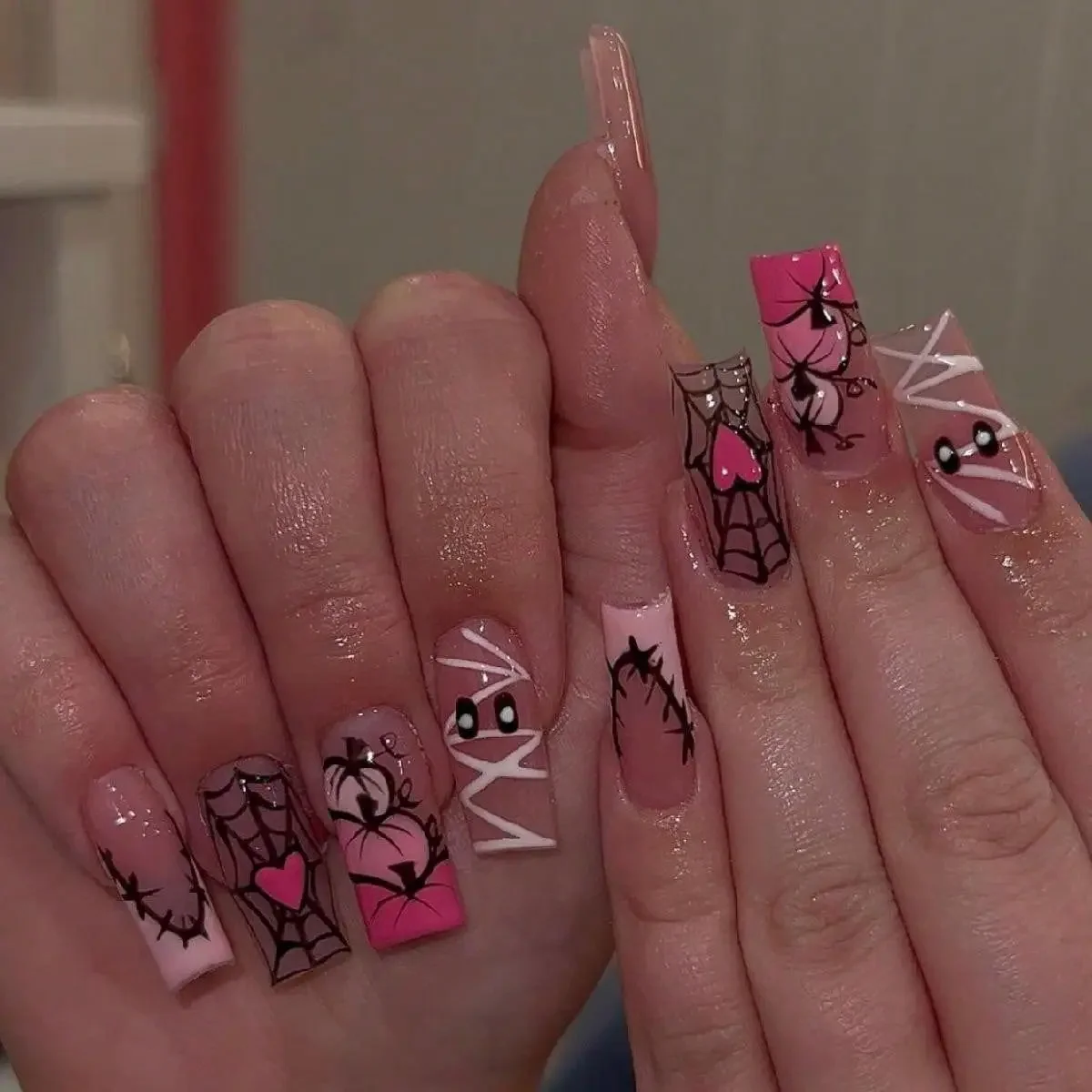 

24PCS Long Square Fake Nails Halloween Series Pink French Press on Nails Spider Web Wearable Nail Detachable Nail Patch