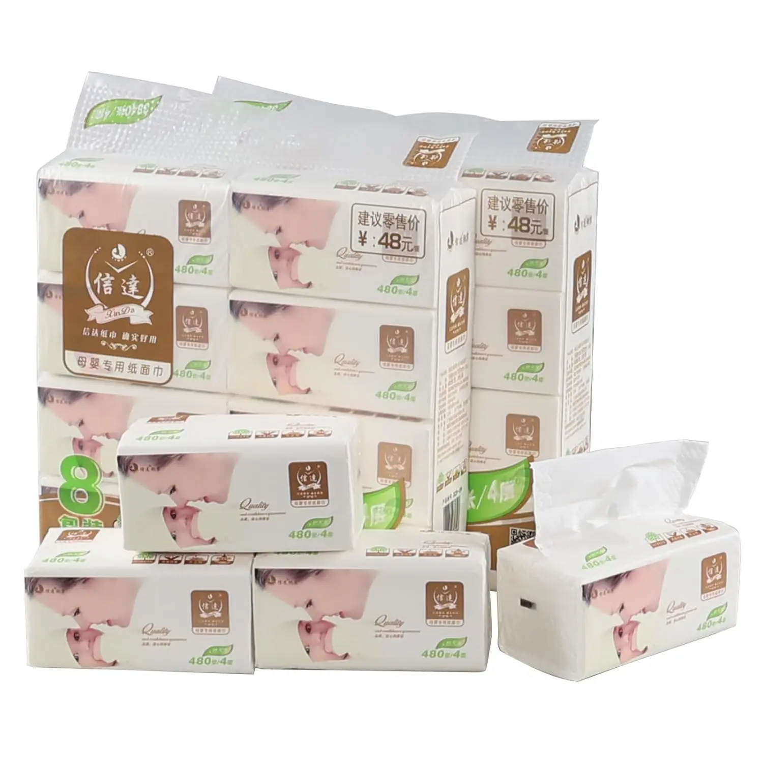 40 Packs White Facial Tissues, 4 P-ly, 480 Sheets/Pack, Disposable Facial Napkin, Pack of Bag