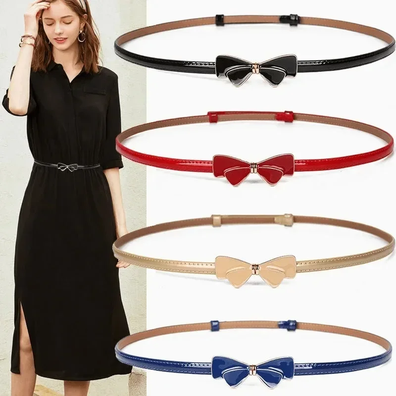 Simple Bow Pu Leather Belt Adjustable Thin Belt for Women 2024 New Dress Metal Jeans Waist Chain Accessories Women Belt