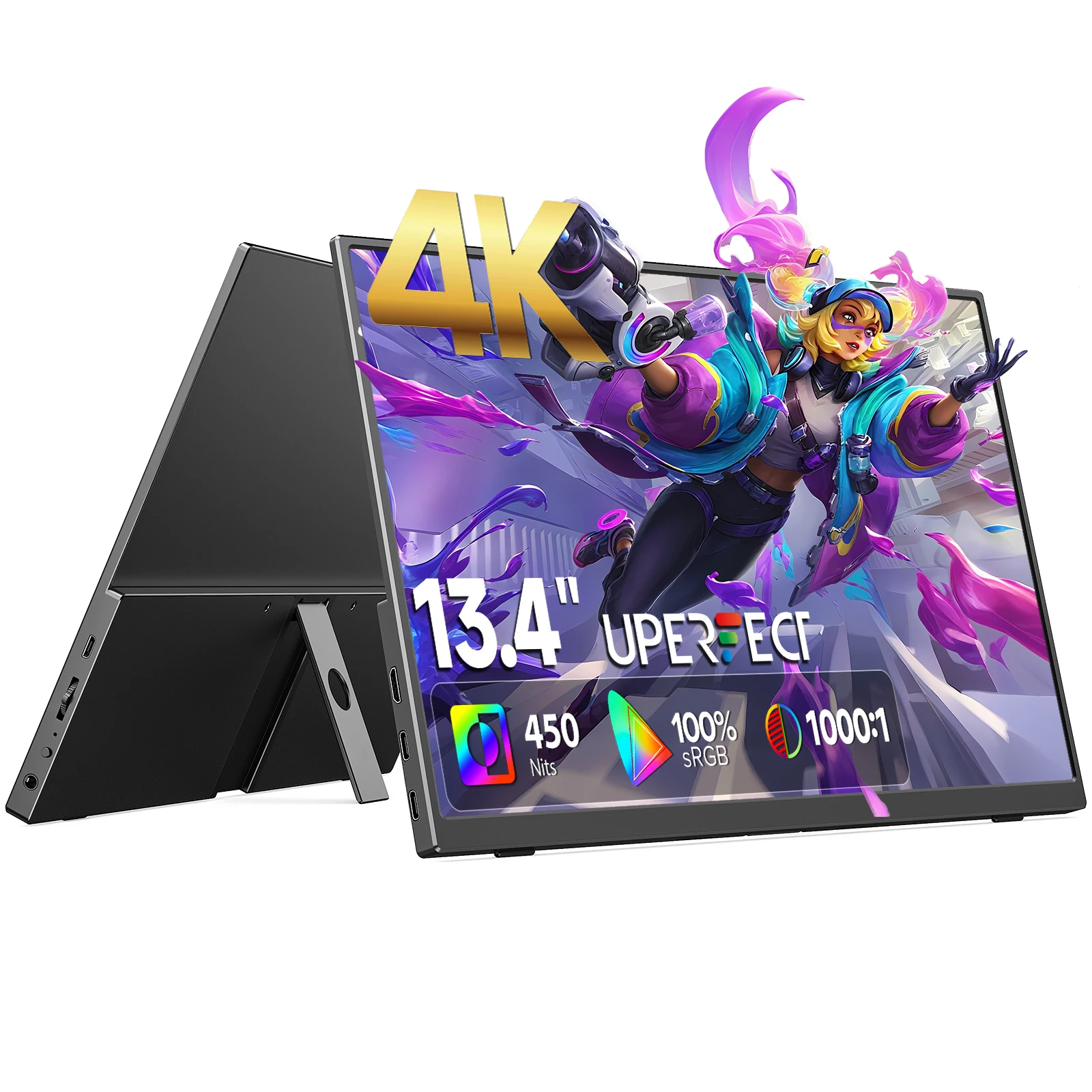 شاشة UPERFECT المحمولة بدقة 4K مقاس 13.3 بوصة، 450 شمعة، 3840 * 2400، IPS، HDMI، USB C، شاشة ألعاب كمبيوتر، شاشة ممتدة لأجهزة الكمبيوتر المحمولة والهاتف