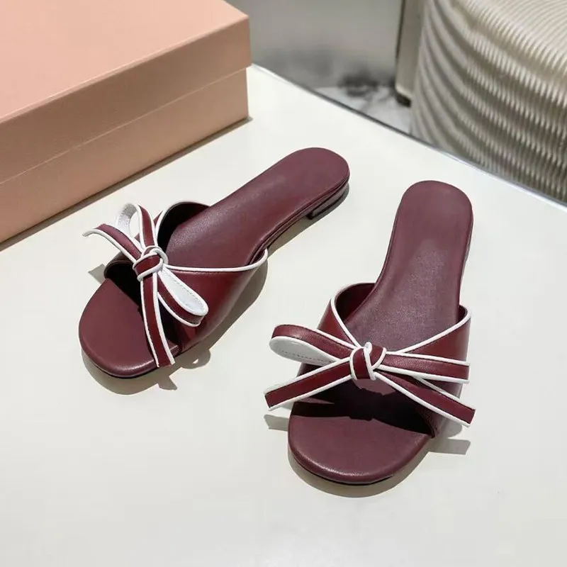 

Splicing Bow-tied Cool Slippers Women's 2025 Summer New French Flat-bottomed Open-toed Slippers