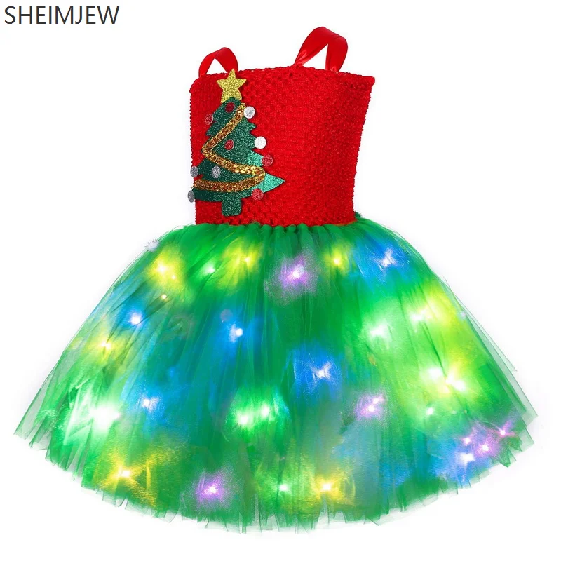 Christmas Elf Cosplay Dress Xmas Red And Green Princess Tutu Led Light Sequin Rainbow Ballet Suits Christmas Birthday Party Gift