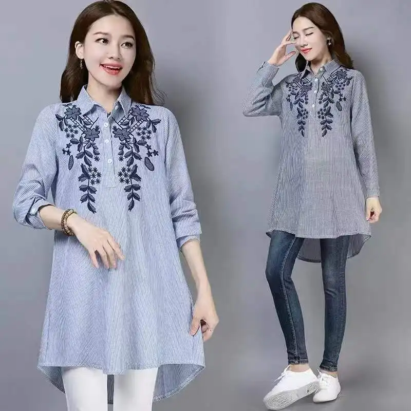 

Весенне-осенний новый женский универсальный топ Sle Long Sve, свободный утягивающий топ с простой вышивкой, большой размер, женский топ irt