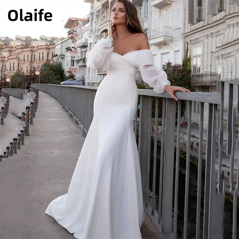 Olaife Modern Satin Wedding Dress Off Shoulder Bridal Mermaid Long Bubble Sleeves Simple Zipper Back Bridal Wear