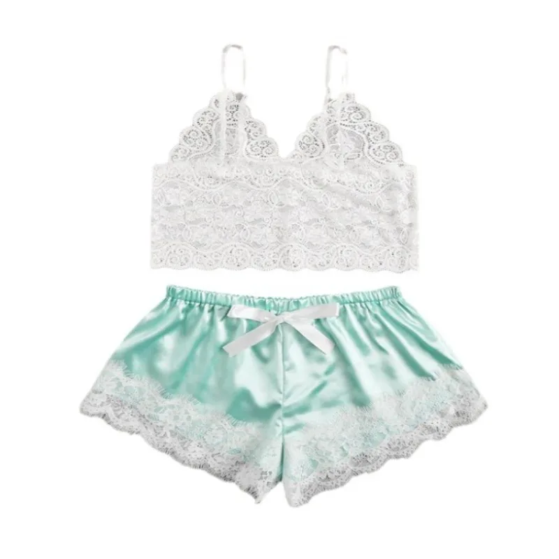 Mint Green Lace Trim Camisole And Matching Shorts Pajama Set Soft Sleeveless Sleepwear Loungewear For Women
