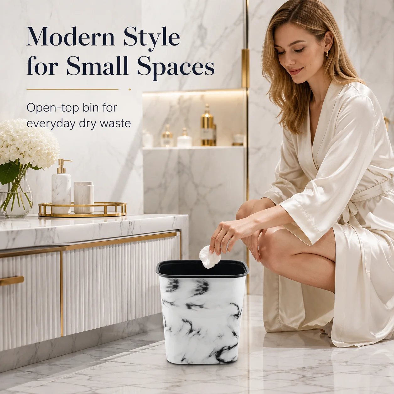 Poubelle en plastique aspect marbre blanc, à ouverture supérieure, pour chambre, bureau, salle de bain et sous le bureau, corbeille compacte pour déchets secs