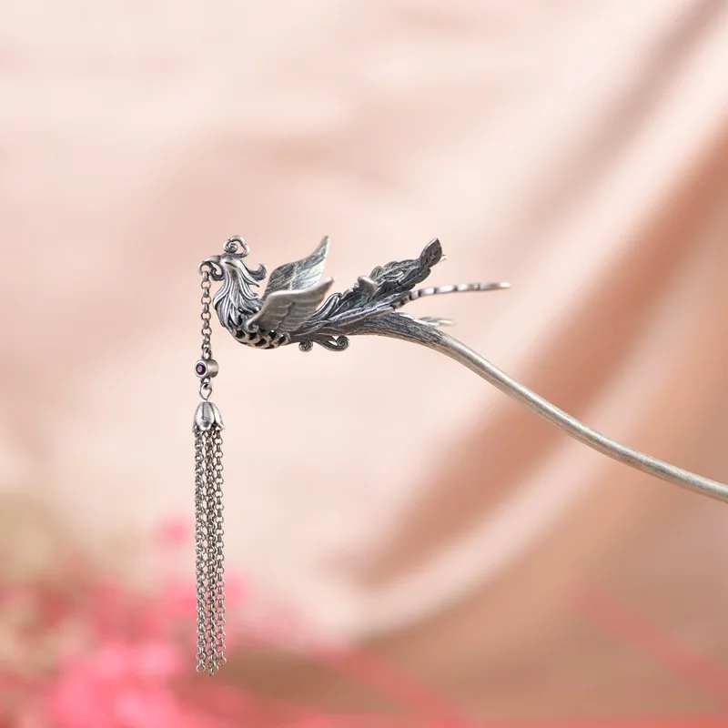 

China Chic Thai Silver Phoenix Wedding Hair Sticks for Women 925 Silver Chains Tassel Hairwear Ethnic Han Clothes Hair Jewelry