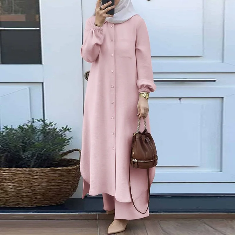 Mandylandy Muslim Robe Long Shirts Women Islamic Clothing Arabian 2 Piece Set Outfits Long-sleeve Shirt and Trousers Sets