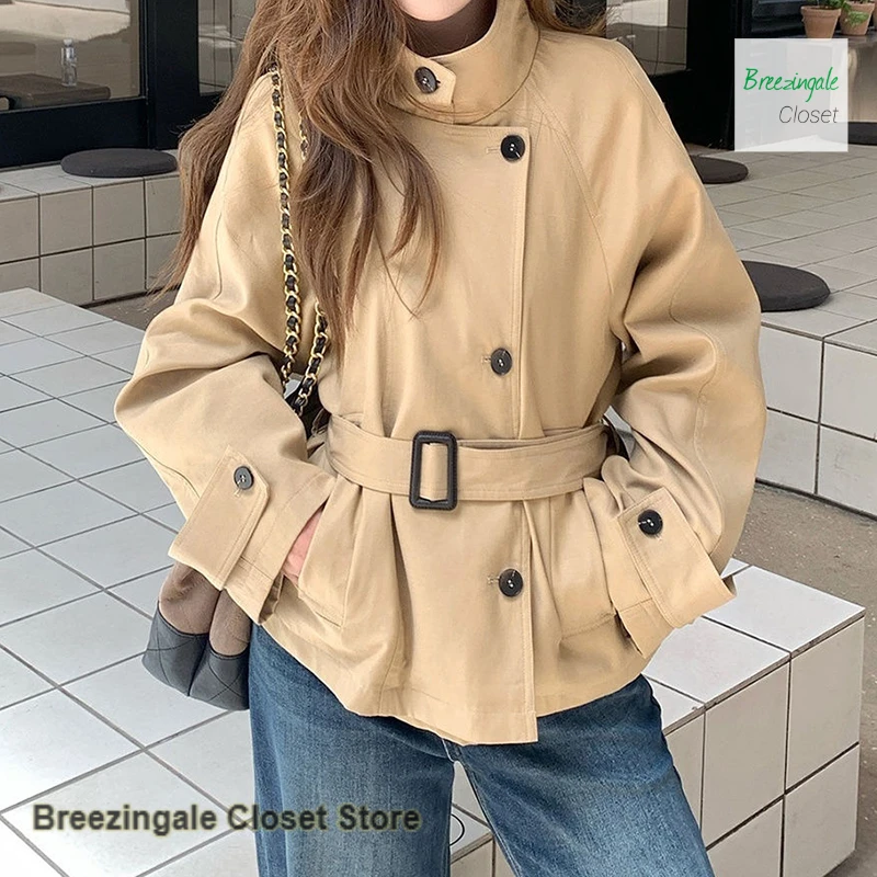

Korean short windbreaker coat women's spring and autumn fashion temperament British style stand collar casual Joker waist top