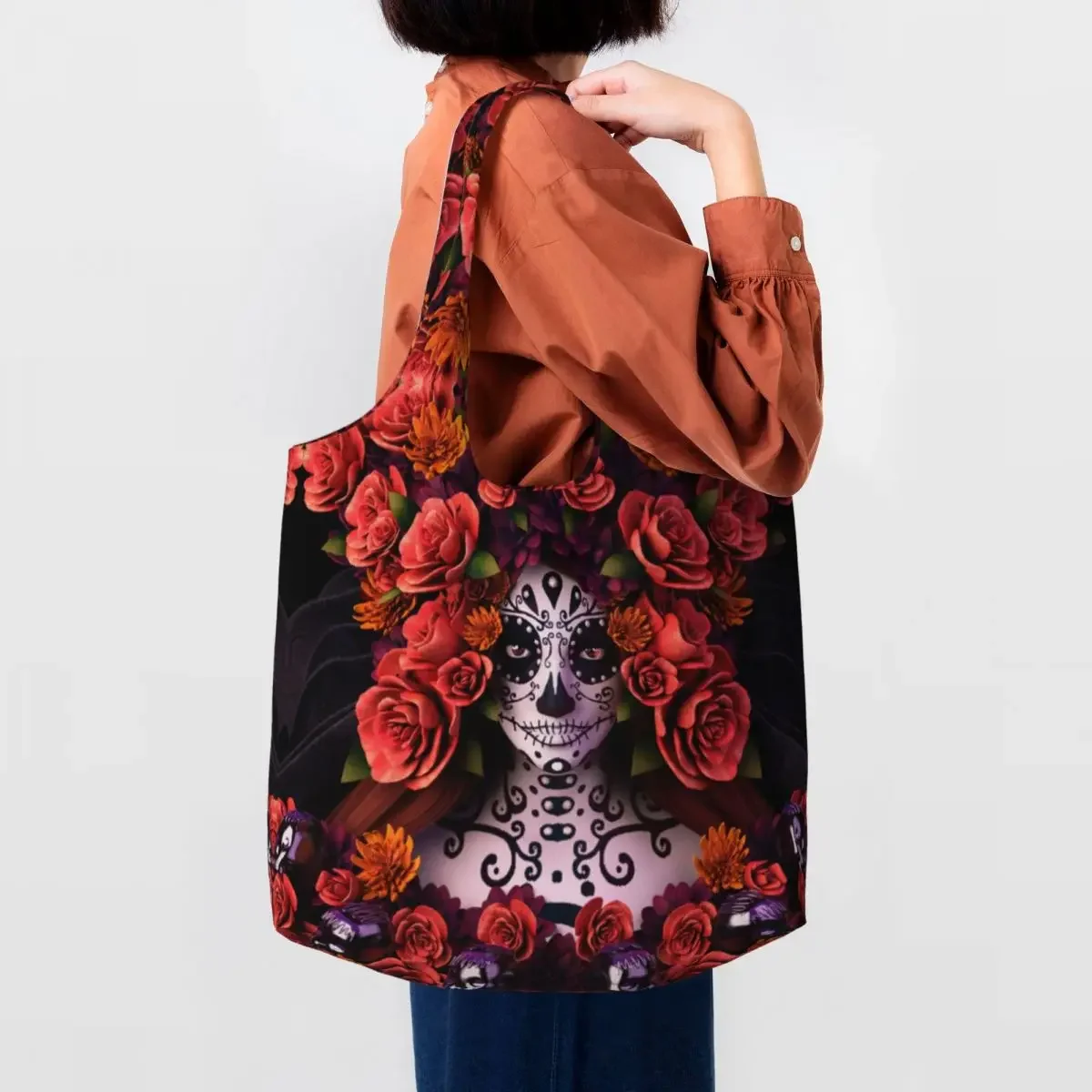 

Cute Halloween Catrina Sugar Skull Shopping Tote Bags Reusable Day Of The Dead Mexican Lady Grocery Canvas Shoulder Shopper Bag