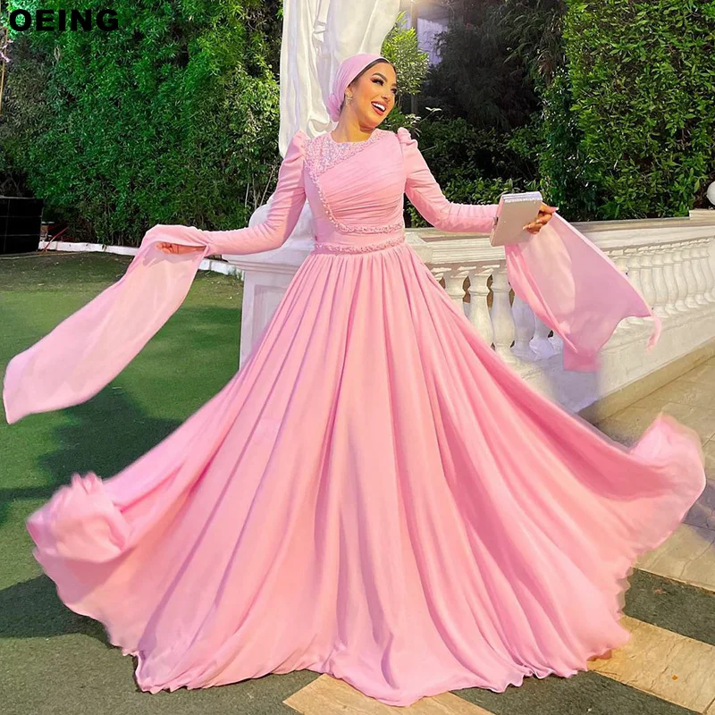 OEING Pink A-Line Prom Dresses Elegant Long Sleeves Muslim Evening Dress Formal Occasion Floor Length Gowns Vestidos De Novia