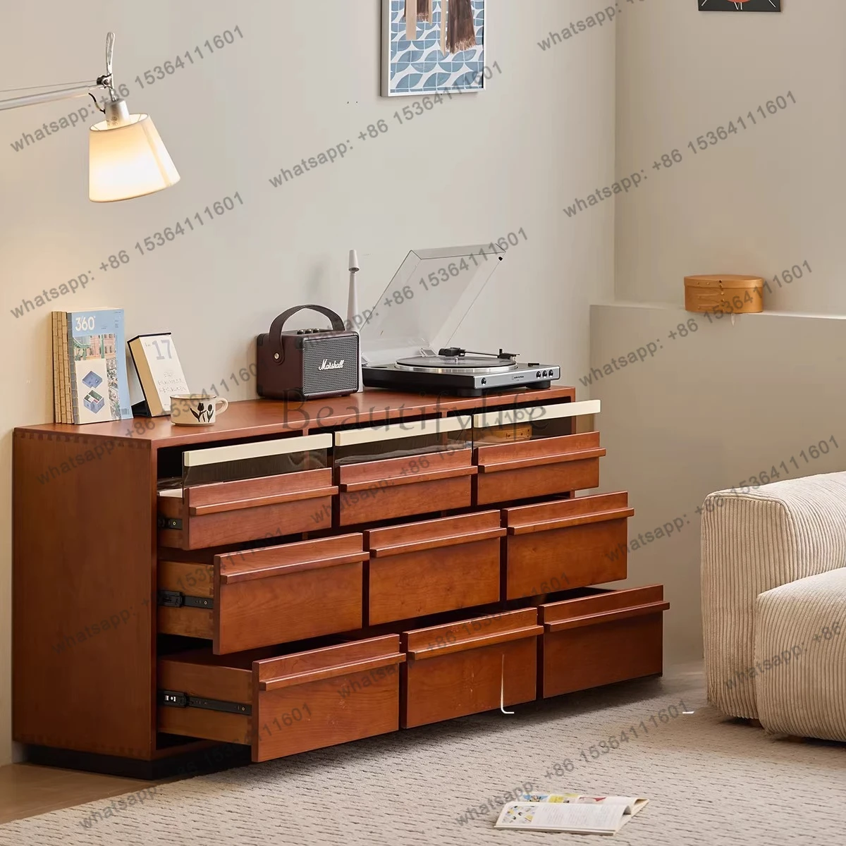Medieval retro nine-chest cabinet cherry wood bone line drawer floor storage cabinet