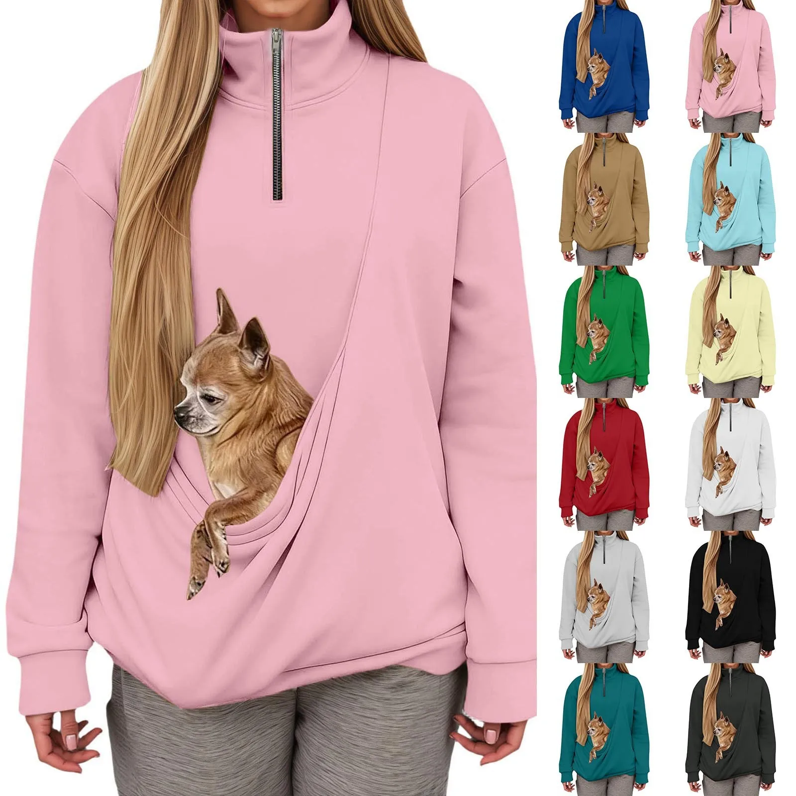 الخريف الشتاء المرأة عادية الياقة المدورة زمم البلوز مع حقيبة الحيوانات الأليفة الصلبة ColorCat & الكلب جيب حامل بلوزات رياضية #1