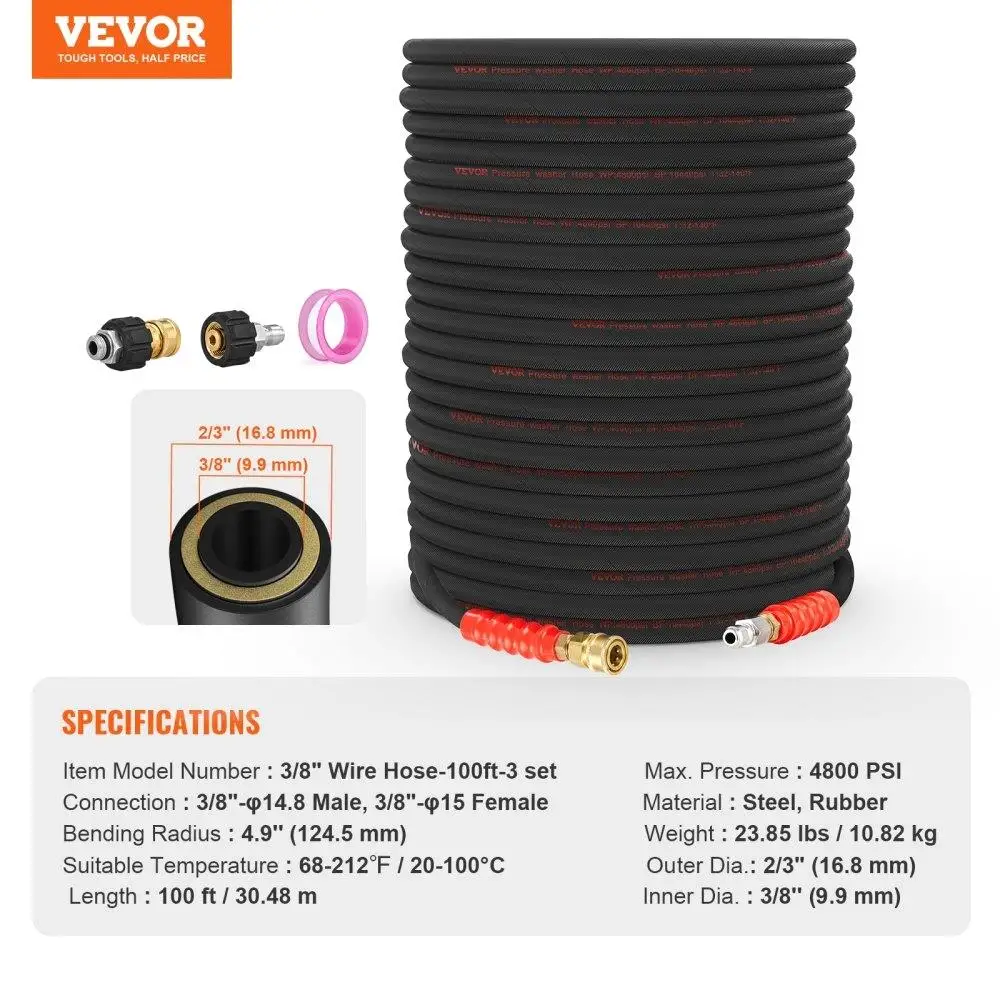 100FT Pressure Washer Hose, Kink-Free 3/8 Male & Female, 4800 PSI Heavy-Duty Extension for most Brands, 4.9 Bend Radius