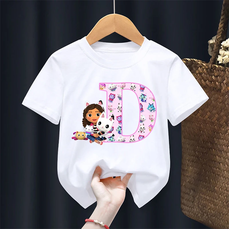 Gabby Dollhouses Girls T Shirt Short Sleeve Tops Children Cotton Summer Clothes Letter A-Z Cartoon Kids Cute Tee Birthday Gifts