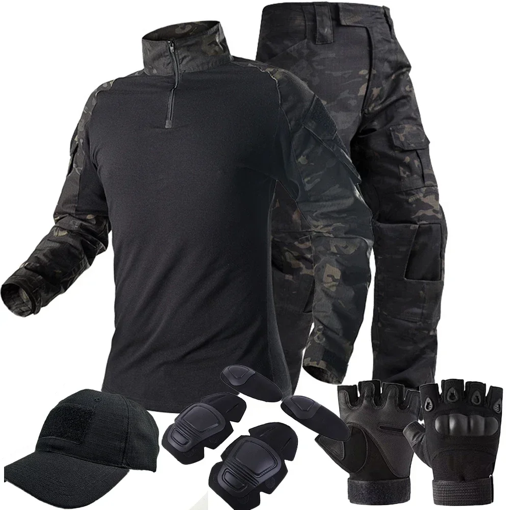 Tute tattiche da uomo Abbigliamento da paintball all'aperto Uniforme Campo da tiro Camicia da combattimento Tuta mimetica multicam Ginocchiere cargo Pantaloni
