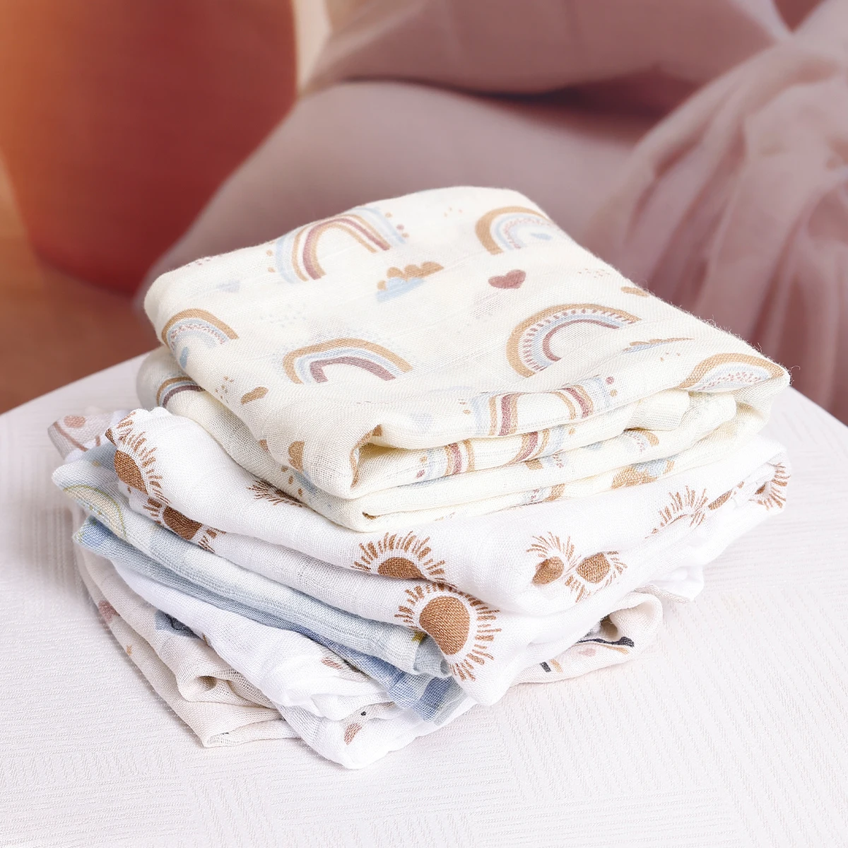 HappyFlute New Animals&Rainbow Print  Bamboo Cotton Fabric 5PC/Set Muslin Swaddle Feeding Burp Cloth Newborn Baby Blanket Wipe