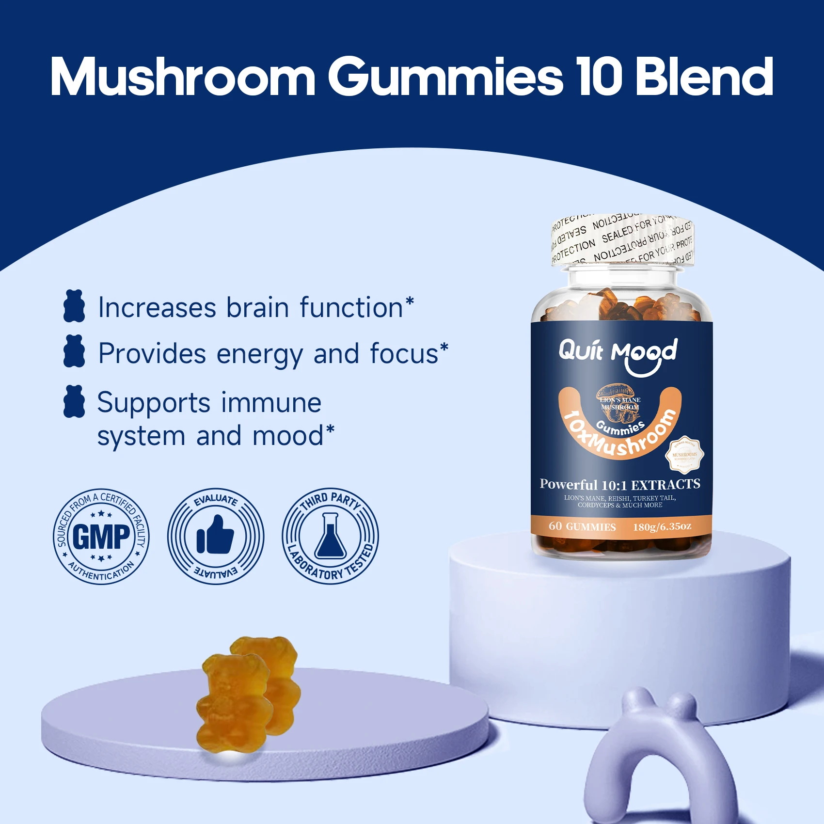 Quitmood Mushroom Gummies 10 Blend - Mushroom Complex 2500mg - Brain Booster, Immune Support, Energy - Mushroom Supplement for M