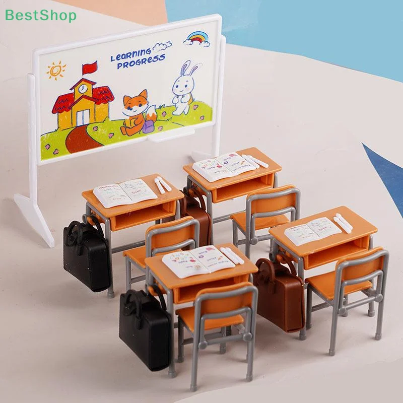 ♥ Gorąca Wyprzedaż 1 Zestaw 1:12 Miniaturowe Biurka Krzesła Tornistry Model Dekoracji Klasy Zabawka Akcesoria do Domku dla Lalek