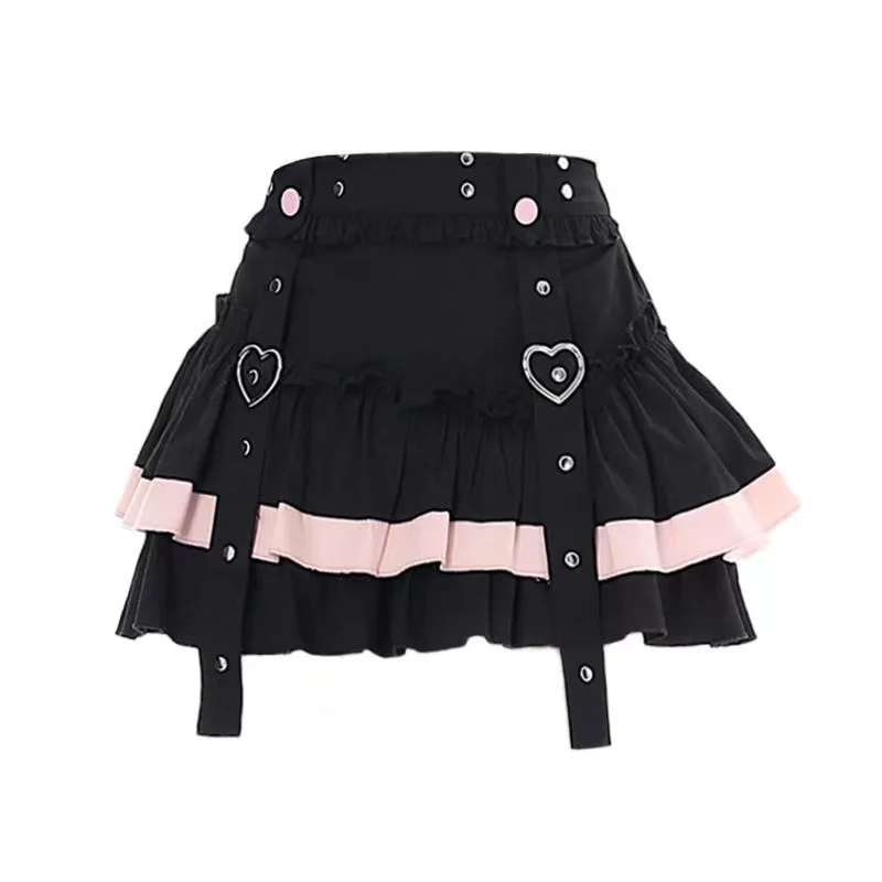 Japanese Kawaii Mini Cake Skirts Womens Sweet Patchwork Lolita Sexy High Waist Skirts Y2k Gothic Lace Aesthetic Ruffled Skirts