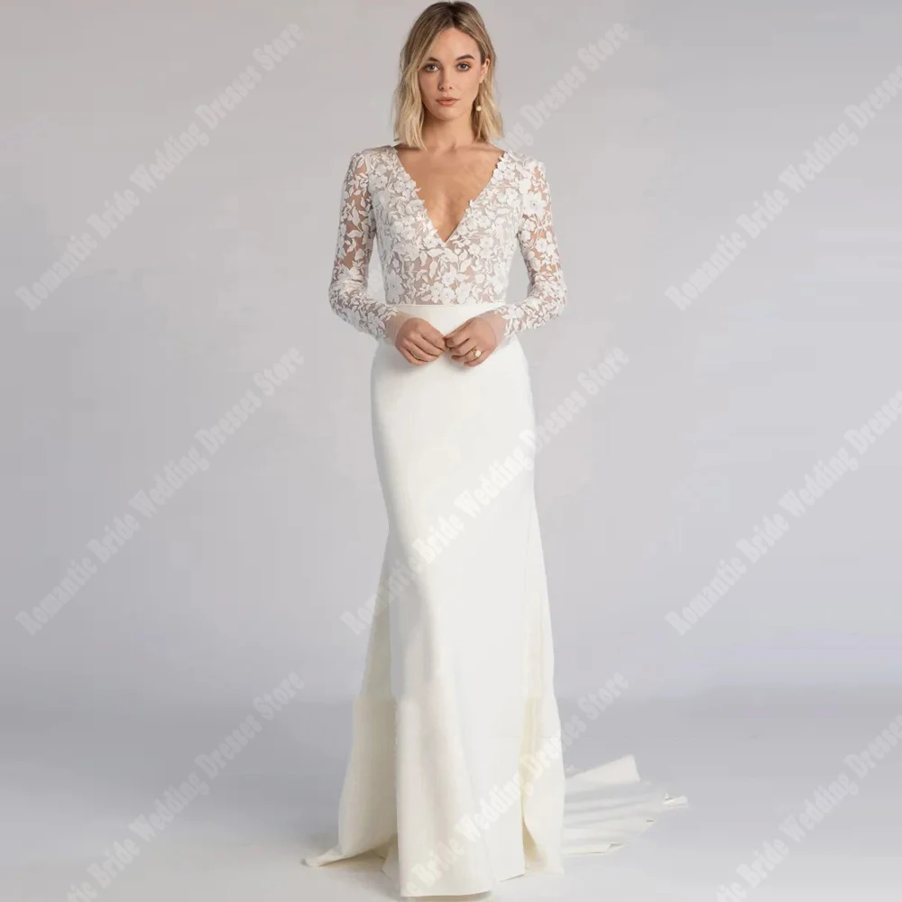 Sexy V-Neck Mermaid Women Wedding Dresses Lace Printing Bridal Gowns Mopping Length Long Sleeves Princess Vestidos De Novia 2025