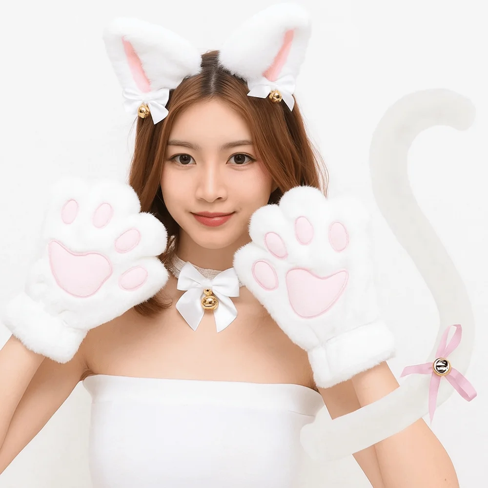 Ensemble de bandeaux oreilles de chat drôle pour femme, couvre-chef Cosplay Lolita en peluche, accessoires pour cheveux, déguisement d'halloween pour fille