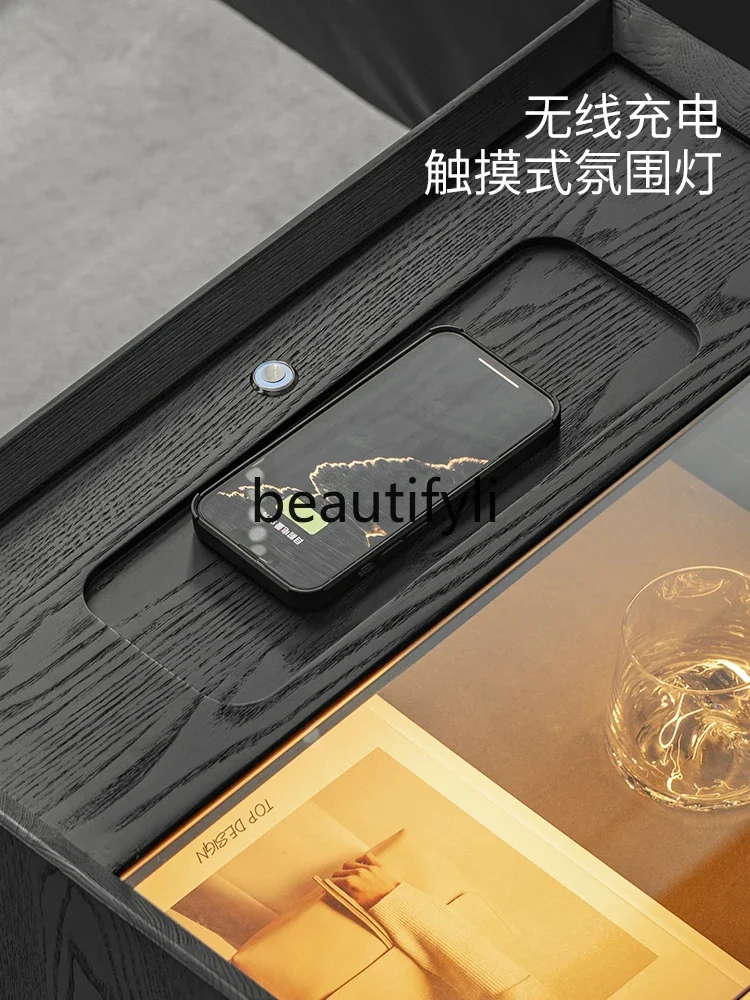 Bedside table black smart wireless charging household bedroom bedside solid wood with lamp locker