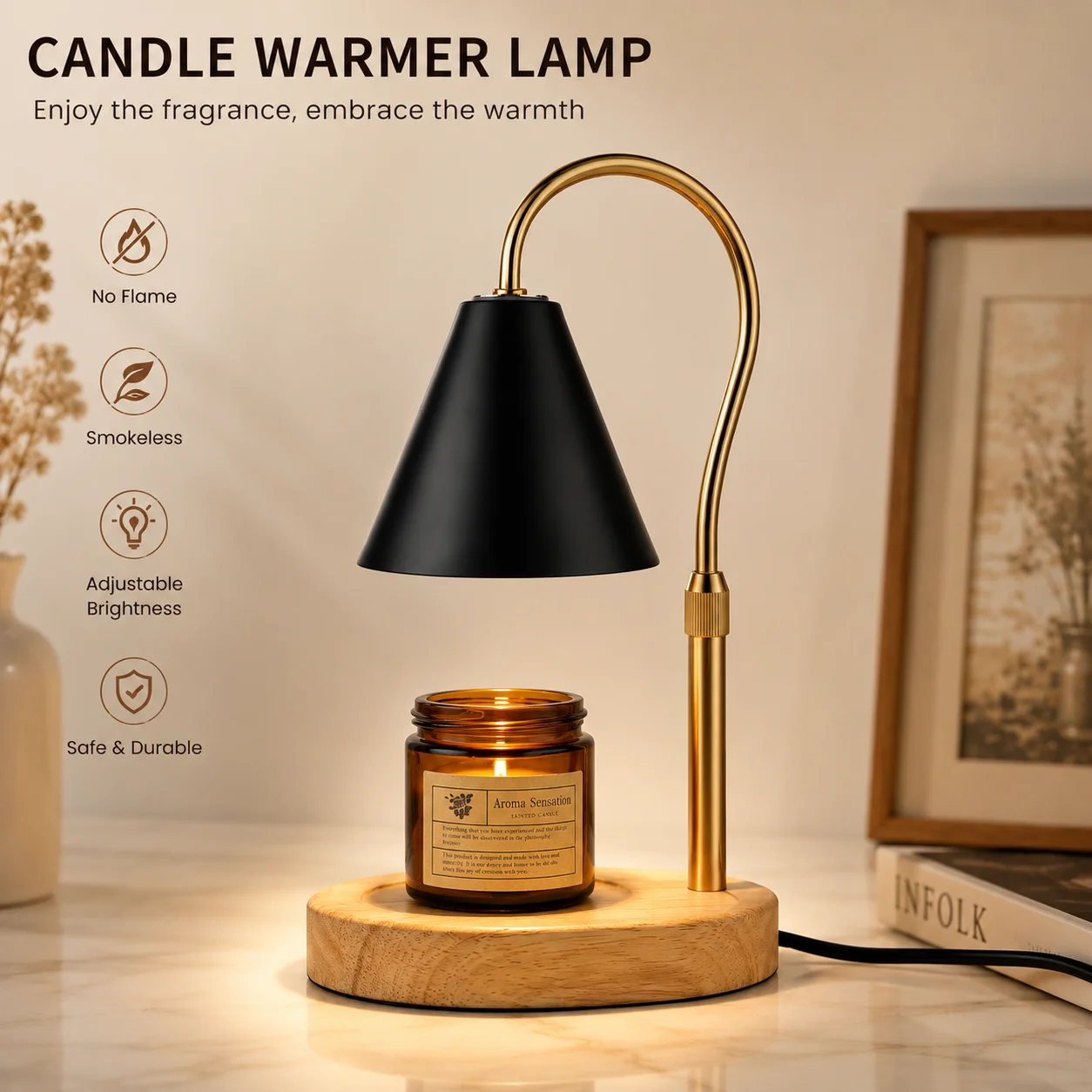 Adjustable Height Flameless Candle Warmer Lamp GU10 Wooden Base Melter with Stepless Dimming Home Decorative Gift Wax Melter