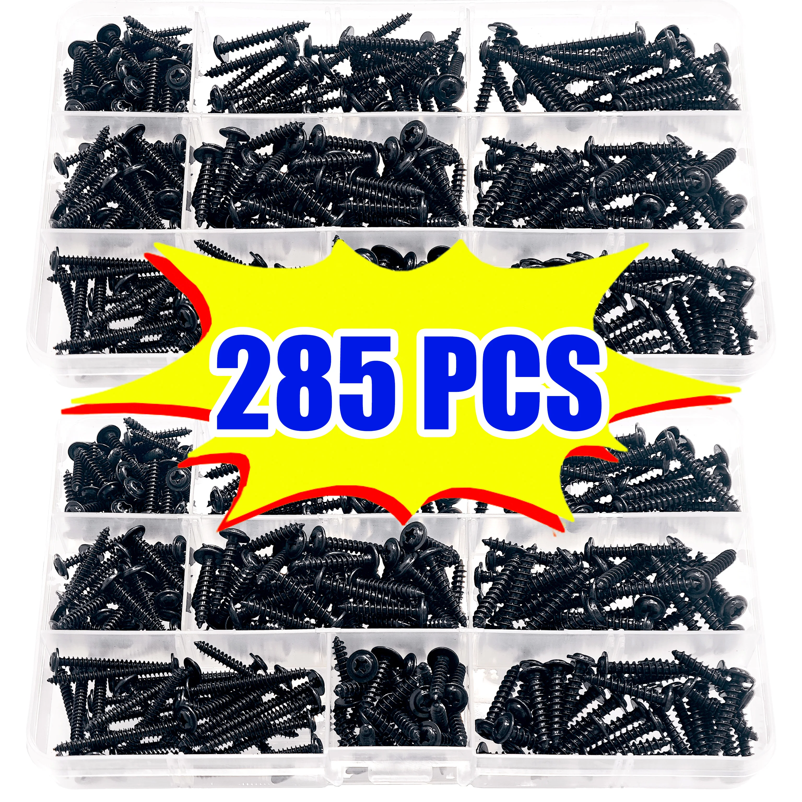 Set di viti autofilettanti nere da 285 pezzi con cuscinetti - Misure M3, M3.5, M4 - Testa Phillips in acciaio al carbonio resistente