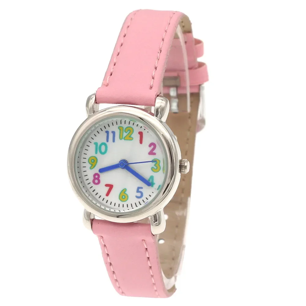 Fashion Kids Quartz Movement Wristwatch Student Watch Leather Strap Boys Girls Dial Design