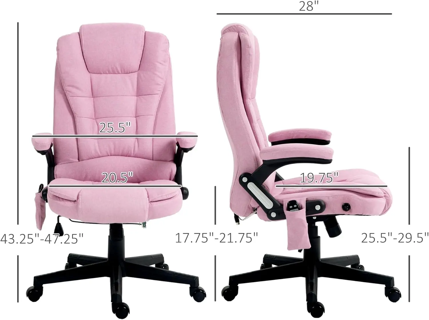 6-Point Vibrating Massage Office Chair with Heat, Reclining High Back Executive Chair, Padded Armrests & Remote, Pink