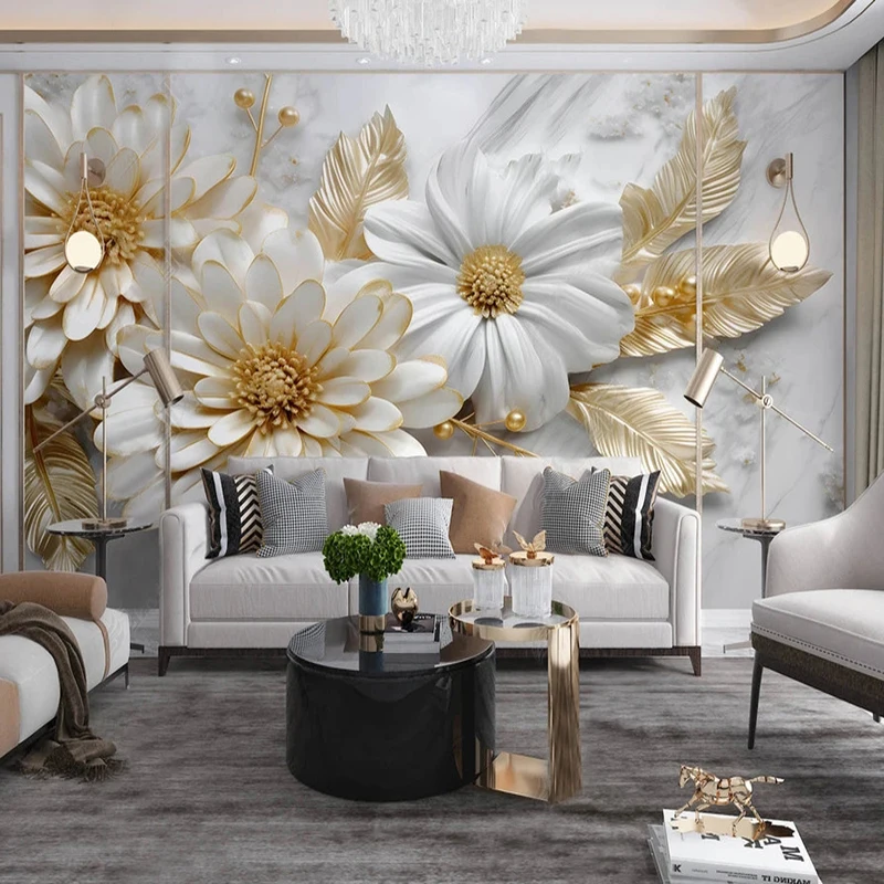 Custom Wallpaper 3D Stereo White Simple Marble Flowers Photo Wall Mural Living Room KTV Bar Restaurant Home Decor Wall Painting