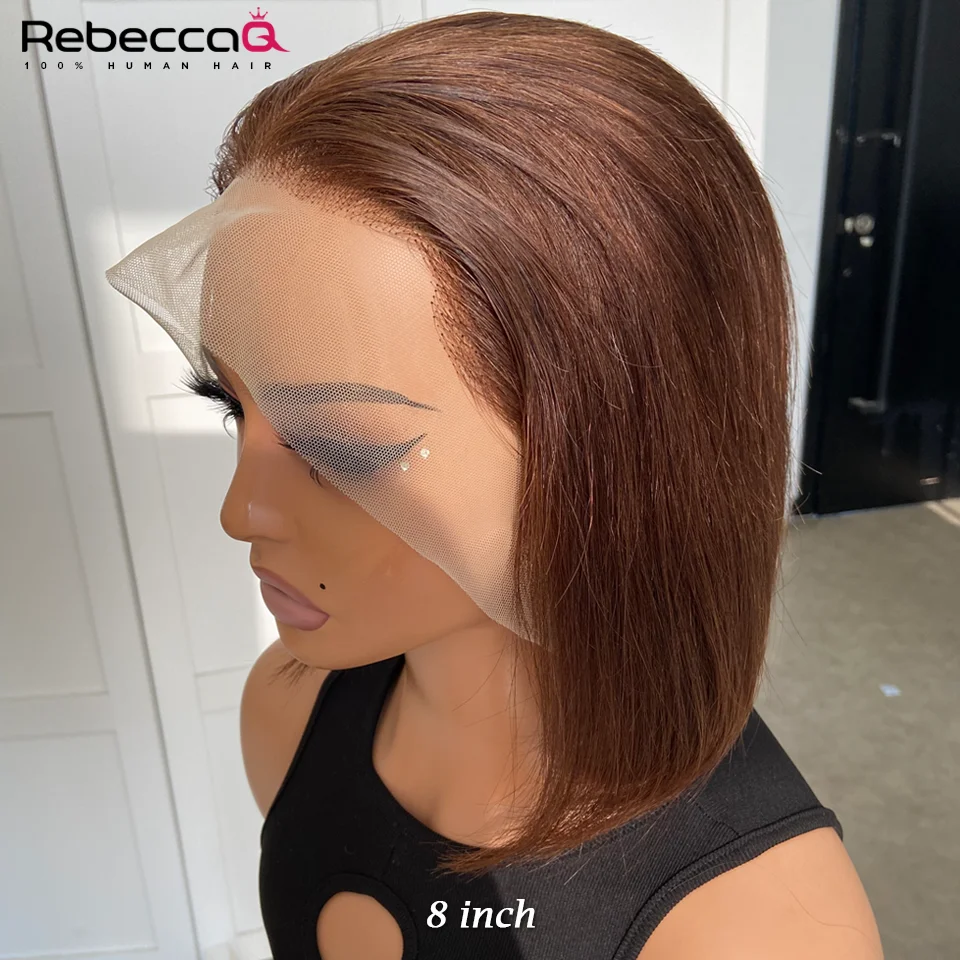 Peruca de Bob Curto Castanho Chocolate, Lace Frontal Peruca, Cabelo Remy Brasileiro, Cabelo Humano, Liso Colorido, 13x4, 4 #