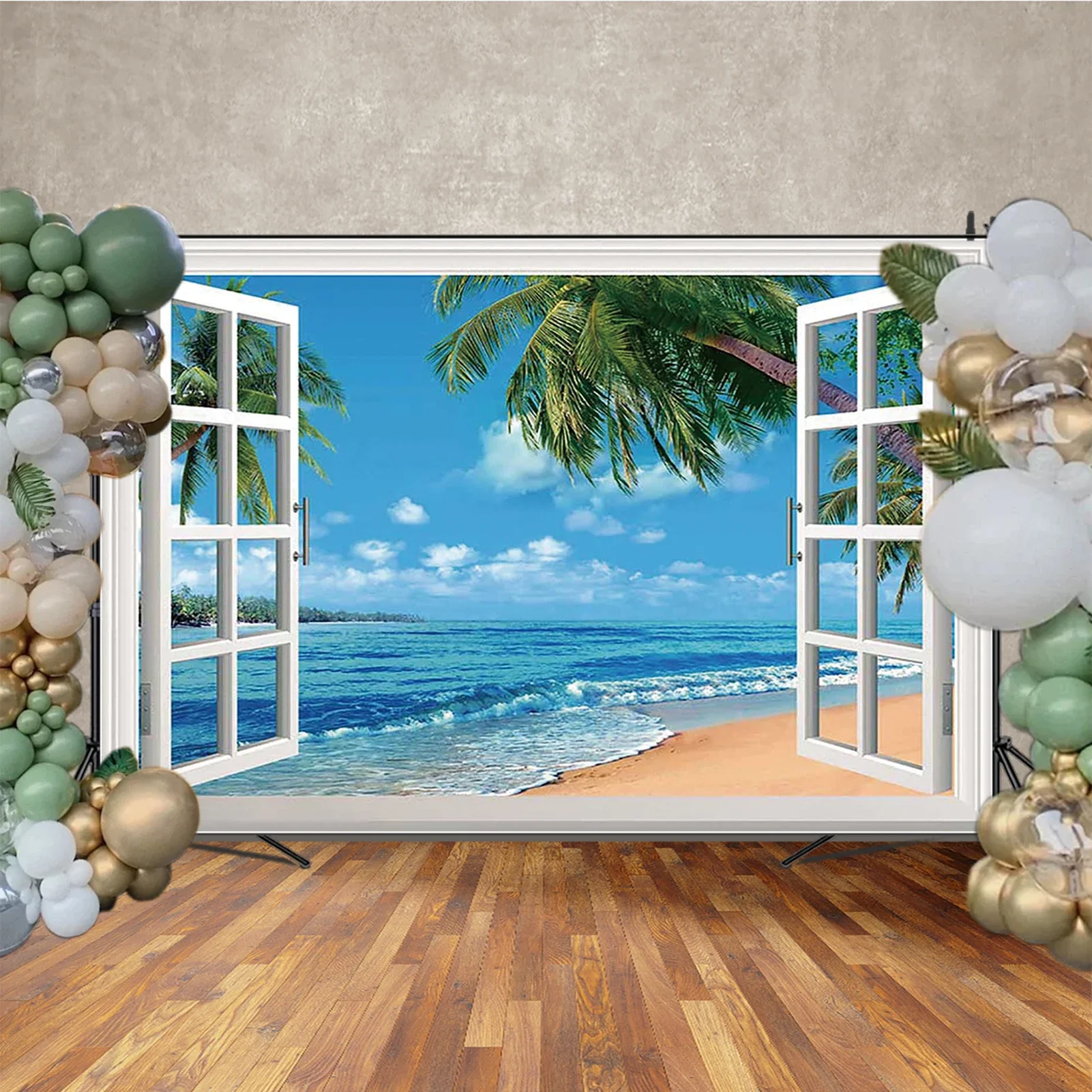 MOON.QG ستائر الشاطئ إطار الصورة خلفية الاستوائية الأزرق المحيط شجرة النخيل يترك خلفية الصيف عطلة حفلة اطلاق النار الدعائم