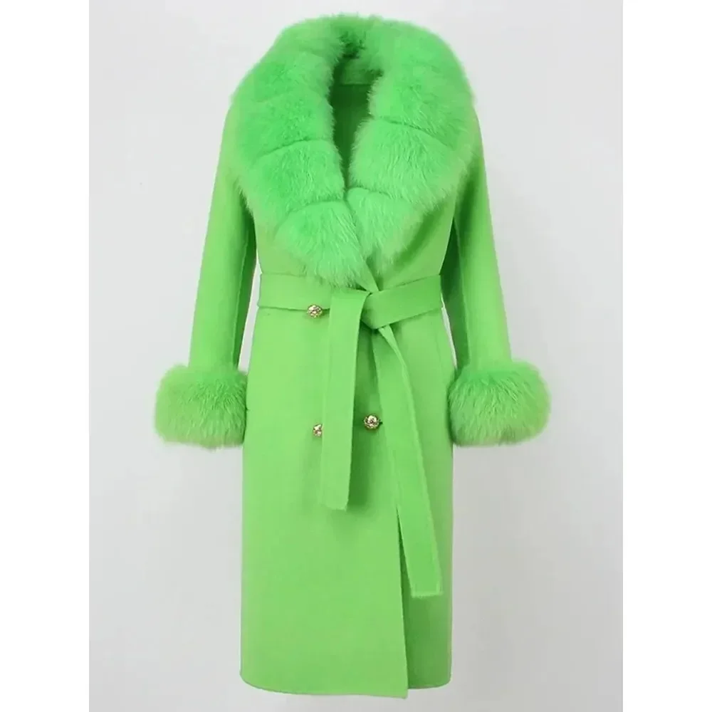 Long Natural Wool Real Fur Coat Fashion New 2025 Winter Double Breasted Belt Warm Cashmere Streetwear Blends Women Woolen Jacket