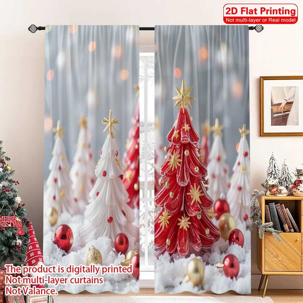 

2pcs 2D flat printing Merry Christmas Party Curtains Red White Christmas Trees Polyester Without Electricity Party & Holiday