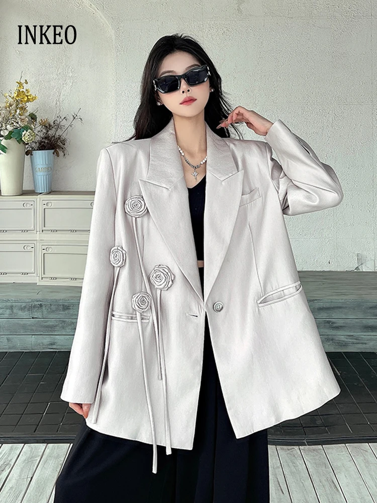 Luxury 3D floral tassel Blazer Women's Loose Single button Jacket Light grey Casual 2025 Spring Autumn Coat Elegant INKEO 5O046