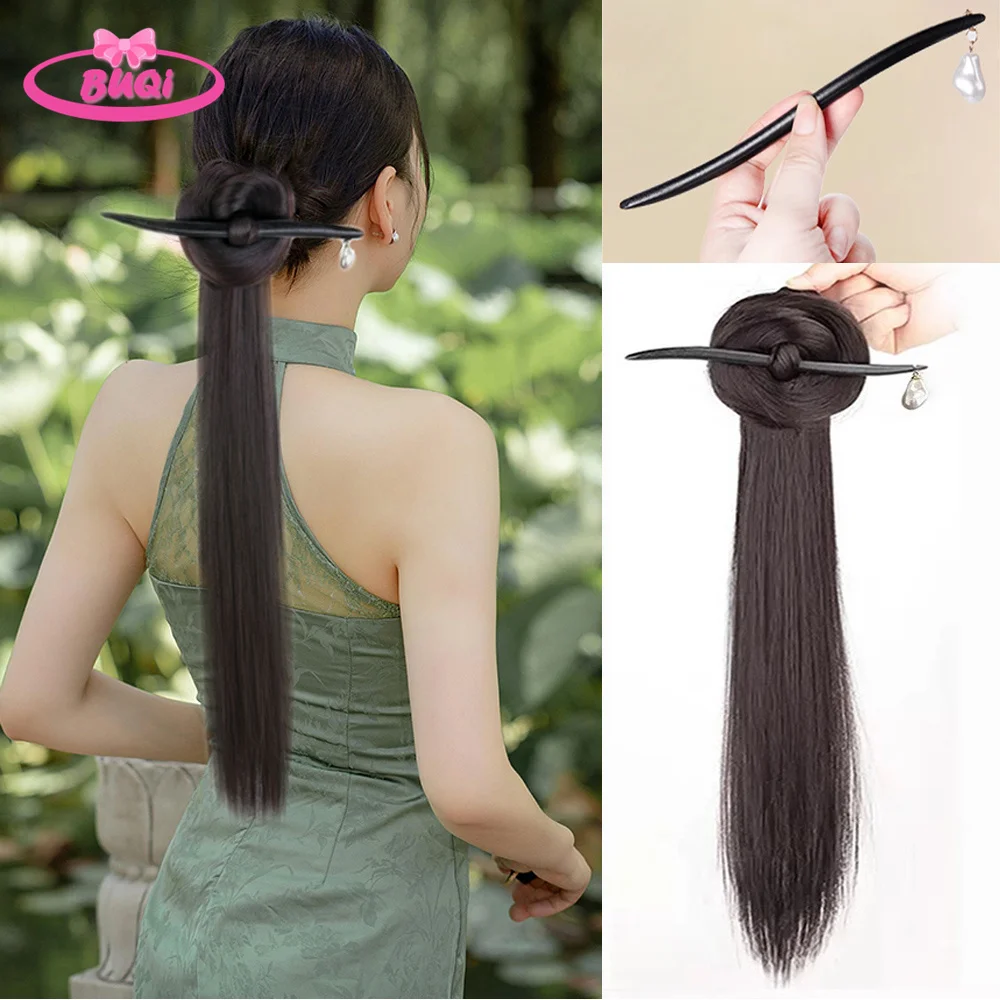 BUQI New Chinese Wig Hanfu Hair Extension With Ebonized Wood Hair Sticks Forks Integrated Hair Bun Ponytail For Girls