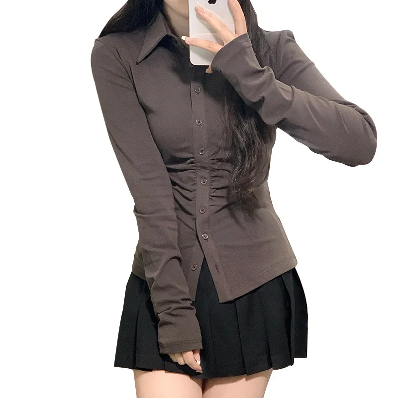Camicia snellente in vita dell'uniforme scolastica Pure Desire Style JK, design femminile della camicia grigia a maniche lunghe, top sexy slim fit per la primavera.